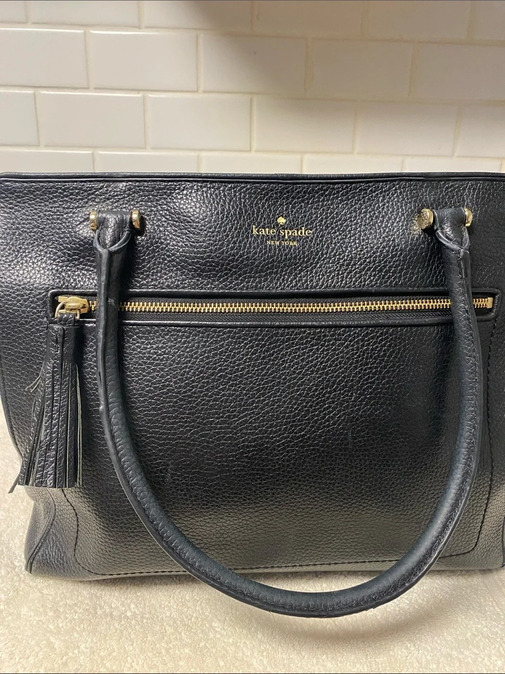 kate spade Black Pebbled Leather Satchel with Tassel and Front Zip